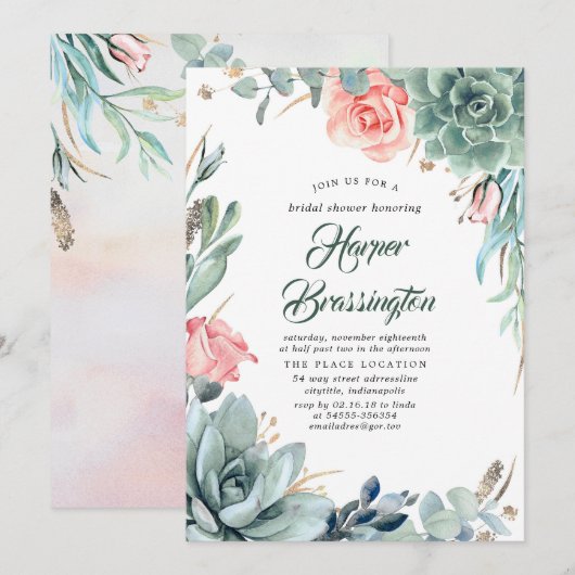 Invitation Succulents Fête des mariées verdure et rose rose (Devant / Derrière)