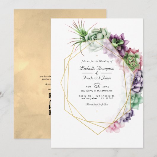 Invitation Succulents Géométriques Code QR RSVP Mariage de J (Devant / Derrière)