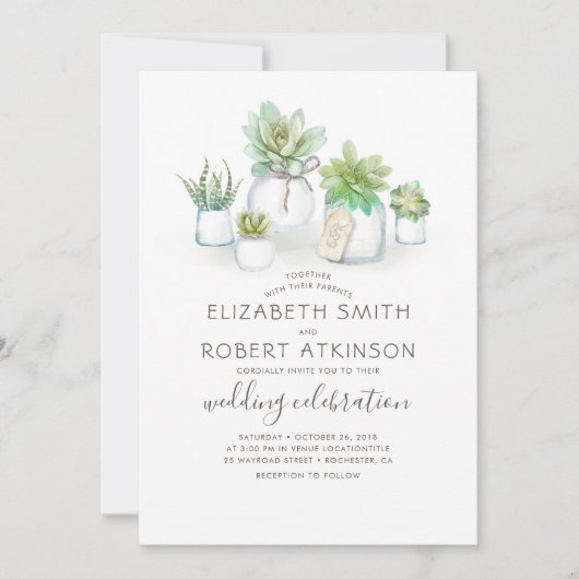 Invitation Succulents Rustic Mason Jars | Mariage verdoyant (Devant)