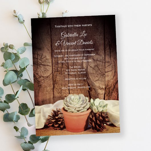 Invitation Succulents rustiques et Mariage en bois de grange