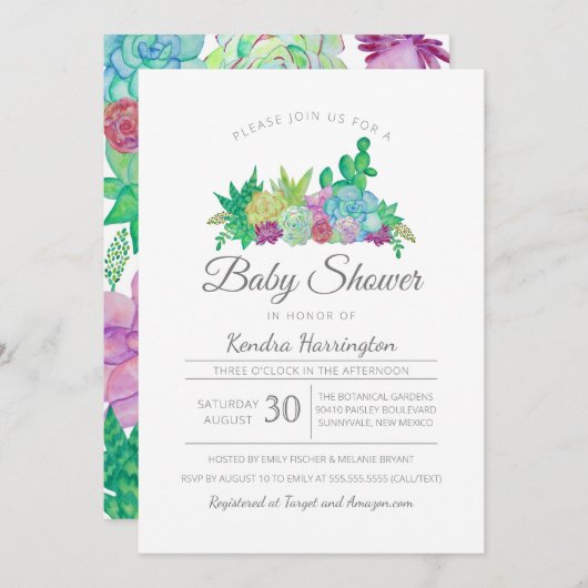Invitation Succulents simples et cactus Baby shower moderne (Devant / Derrière)