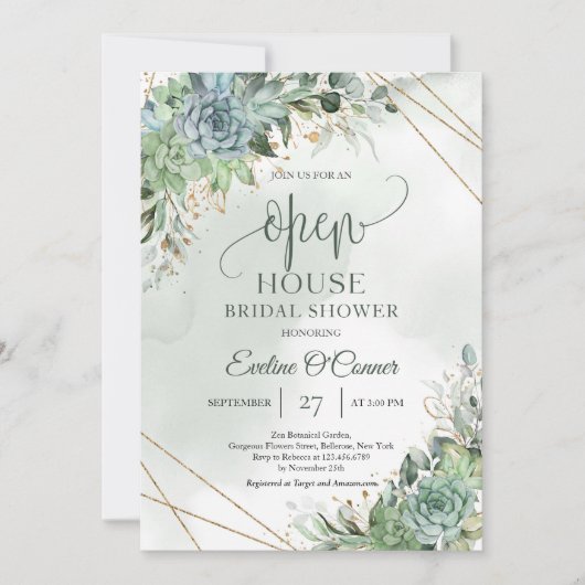 Invitation Succulents tendance or vert et blanc Open House (Devant)