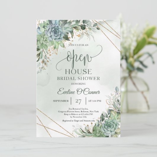 Invitation Succulents tendance or vert et blanc Open House (Debout devant)