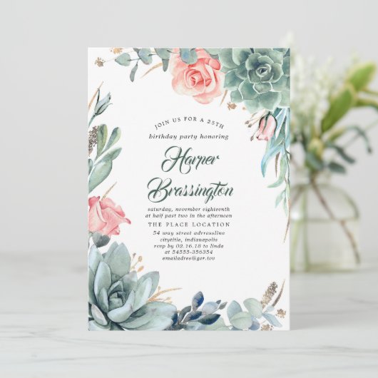 Invitation Succulents Végétation et Rose fête d'anniversaire (Debout devant)