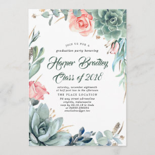 Invitation Succulents Végétation et Rose Rose fête de graduat