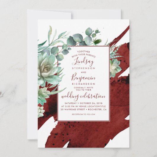 Invitation Succulents Verdure Bourgogne Rouge Mariage moderne (Devant)