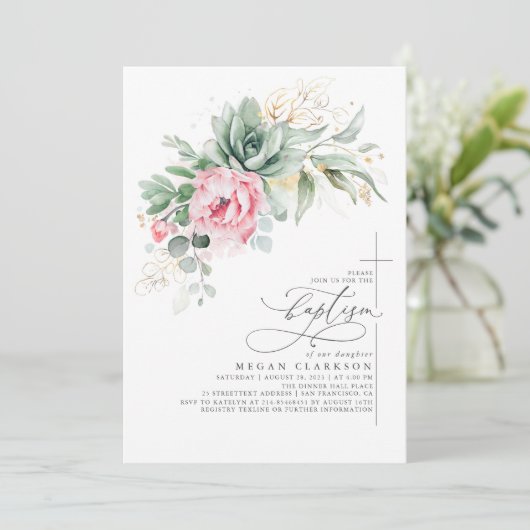 Invitation Succulents Verdure Fleurs roses Or Baptême (Debout devant)