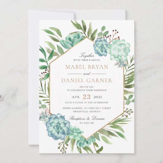 Invitation Succulents Verdure Géométrique Mariage de cadre Or (Devant)