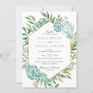 Invitation Succulents Verdure Géométrique Mariage de cadre Or