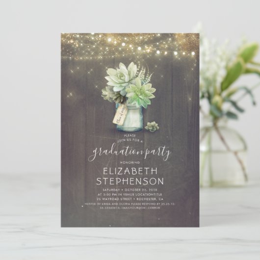 Invitation Succulents Verdure Mason Jar Rustique Graduation (Debout devant)