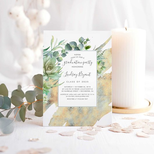 Invitation Succulents Verdure Or Aquarelles Graduation