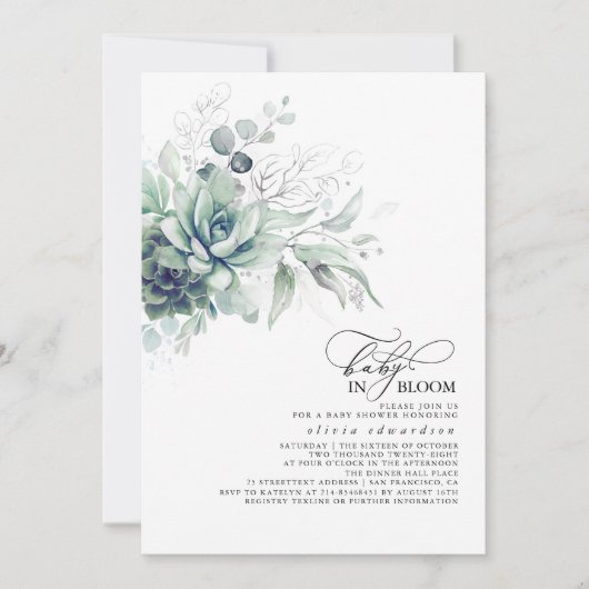 Invitation Succulents Verdure Or Feuilles Boho Baby shower I (Devant)
