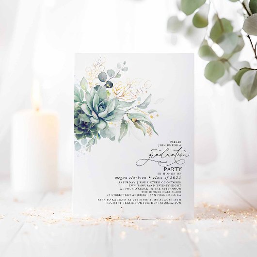 Invitation Succulents Verdure Or Feuilles Boho Graduation