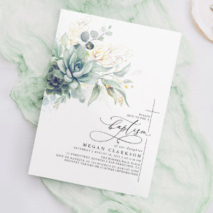 Invitation Succulents Verdure Or Feuilles Élégant Baptême