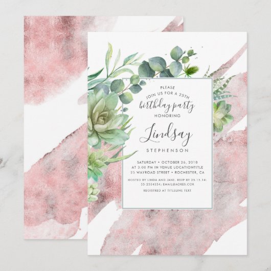 Invitation Succulents Verdure Rose Gold Foil Anniversaire (Devant / Derrière)