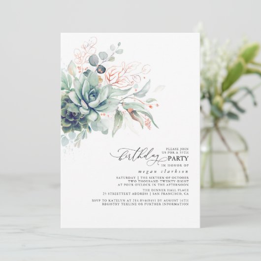 Invitation Succulents Verdure Rose Or Feuilles Boho Anniversa (Debout devant)