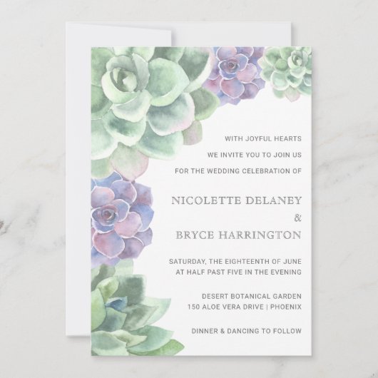 Invitation Succulents verts et pourpres Mariage moderne (Devant)