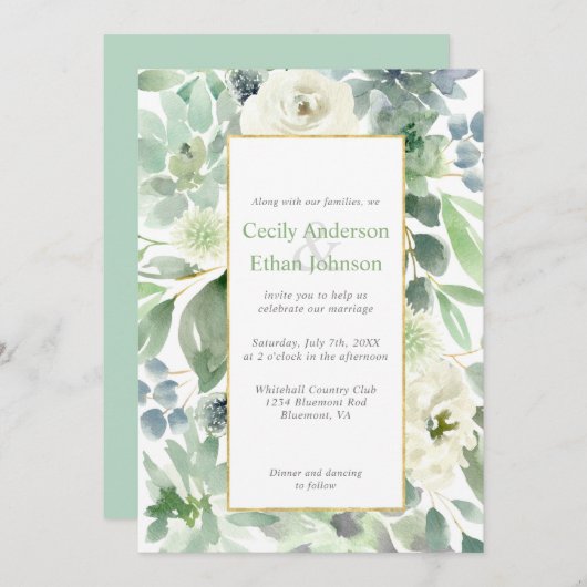 Invitation Succulents verts pâles et fleurs blanches Mariage (Devant / Derrière)