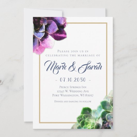 Invitation Succulents violets avec Mariage de ligne de bronza (Devant)