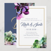 Invitation Succulents violets avec Mariage de ligne de bronza (Devant / Derrière)
