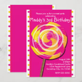 Invitation sucette Candy Land à pois roses (Devant / Derrière)