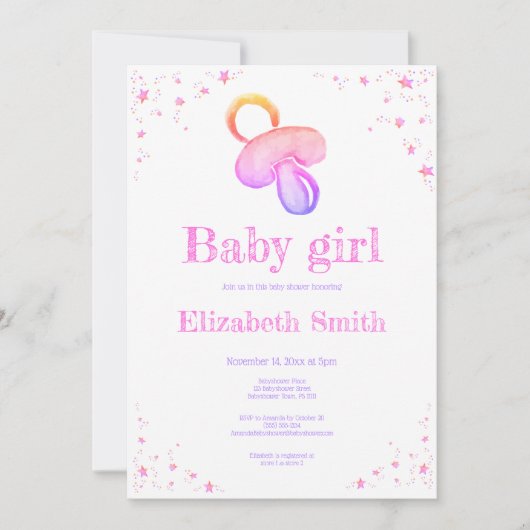 Invitation Sucette rose aquarelle Baby Shower (Devant)