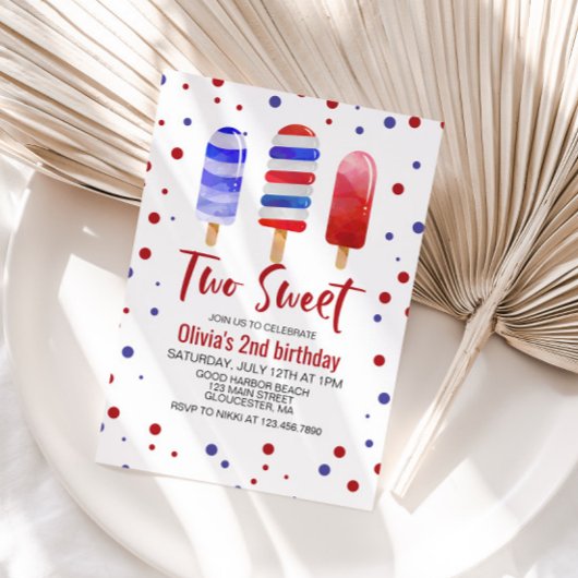 Invitation Sucettes glacées Two Sweet Rouge Blanc Bleu 2e ann