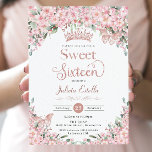 Invitation Sucré 16 fleurs de cerisier Rose Papillons d'or<br><div class="desc">Personnalisez cette jolie floraison de cerisiers Doux 16 Seize anniversaire invitation facilement et rapidement. Cliquez simplement sur le bouton customiser pour modifier les textes, modifier les polices et les couleurs des polices. Doté d'une belle aquarelle fleurs de cerisiers, papillons d'or rose et une couronne de princesse d'or rose. Objets correspondants...</div>