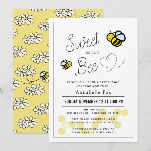 Invitation Sucré comme peut Abee Baby shower jaune blanc (Devant / Derrière)