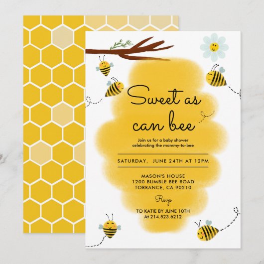 Invitation Sucré Comme Peut Être Bumble Baby shower Abeille (Devant / Derrière)