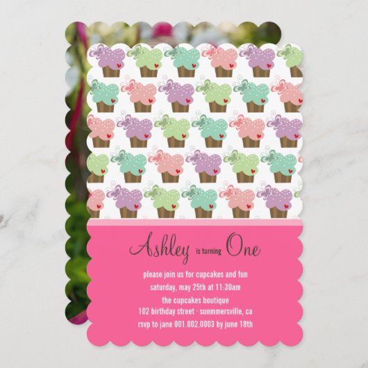 Invitation Sucré Cupcakes Papillons Whimsical Girl Anniversai (Devant / Derrière)