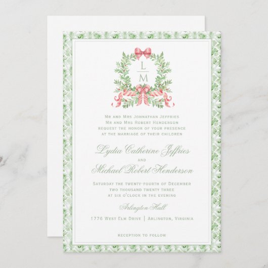Invitation Sucre de canne de couronne de Noël Bow | Mariage d (Devant / Derrière)
