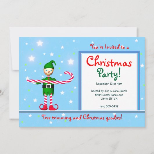 Invitation Sucre de canne de Noël bleu Elf (Devant)