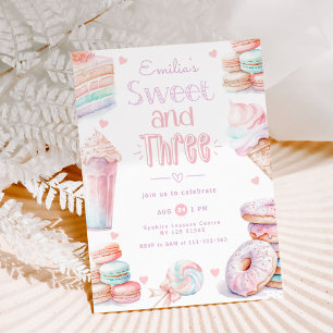 Invitation Sucré et trois bonbons pastel anniversaire 3 ans