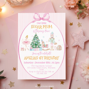 Invitation Sucre Prune Noël Casse-Noisette Ruban Rose Anniver