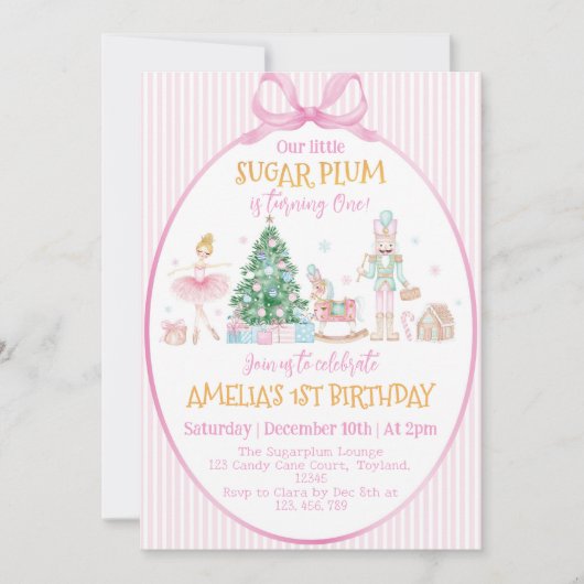 Invitation Sugar Plum Christmas Nutcracker Pink Bow Birthday (Devant)