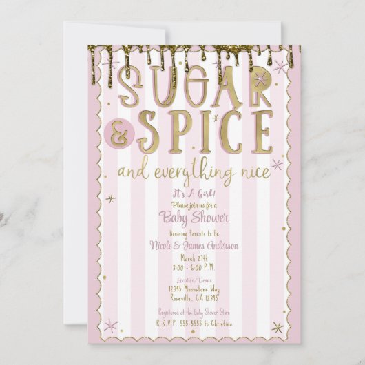 Invitation SUGAR & SPICE Or Glitter Doré Saupoudrer Rose Baby (Devant)
