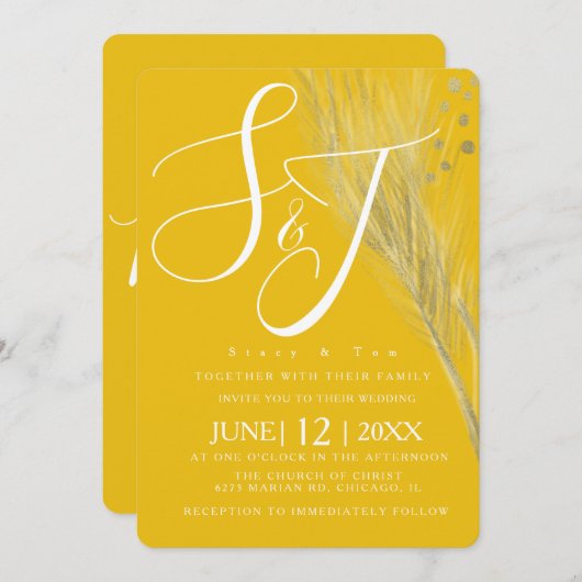 Invitation Suite de Mariage de Pampas en or jaune moutarde gr (Devant / Derrière)
