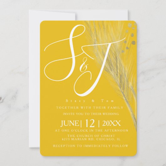 Invitation Suite de Mariage de Pampas en or jaune moutarde gr (Devant)