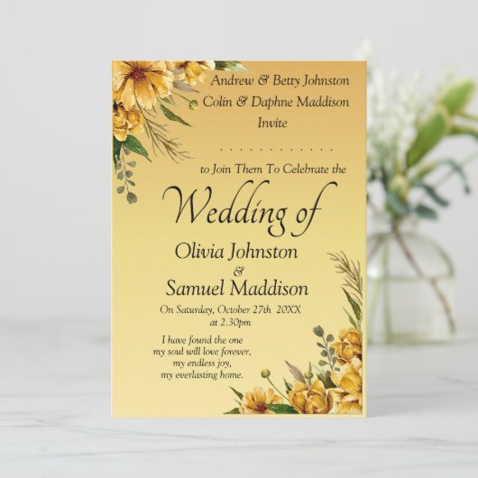 Invitation Suite Mariage de fleurs jaunes dorées (Debout devant)