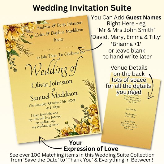 Invitation Suite Mariage de fleurs jaunes dorées