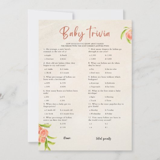 Invitation Summer Baby Trivia Baby shower Game Card (Devant)