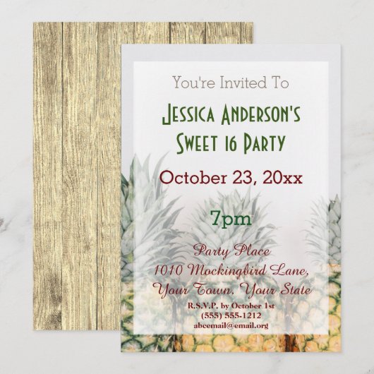 Invitation Summer Beach Ananas Tropical Sweet 16 Anniversaire (Devant / Derrière)