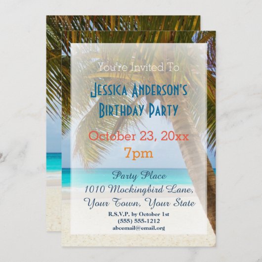 Invitation Summer Beach Palm Tree Tropical Birthday (Devant / Derrière)