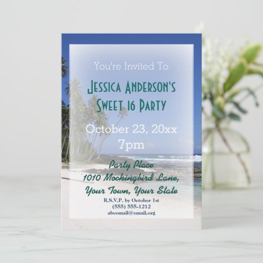 Invitation Summer Beach Palm Tree Tropical Sweet 16 Anniversa (Debout devant)