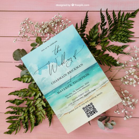 Invitation Summer Beach Photo Mariage Code QR