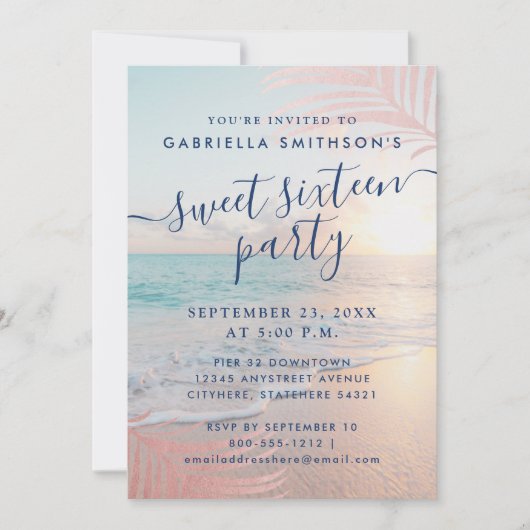 Invitation Summer Beach Pink Sunset Tropical 16e anniversaire (Devant)