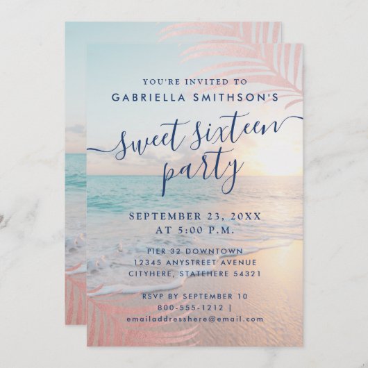 Invitation Summer Beach Pink Sunset Tropical 16e anniversaire (Devant / Derrière)