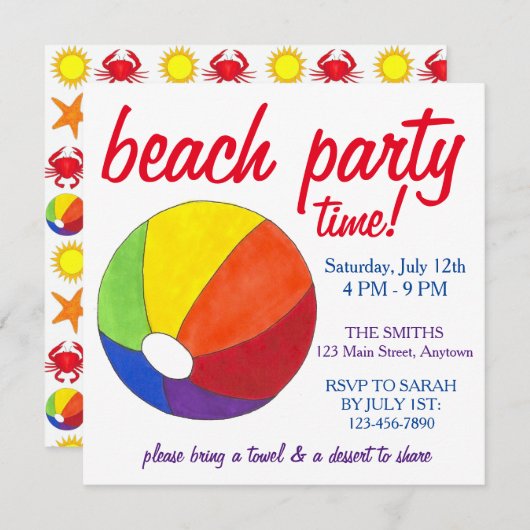 Invitation Summer Beach Pool Party Sun Beachball Crab (Devant / Derrière)