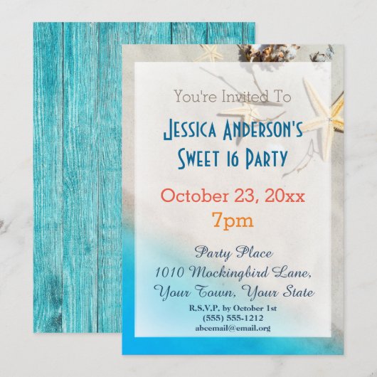 Invitation Summer Beach Starfish Tropical Sweet 16 Anniversai (Devant / Derrière)